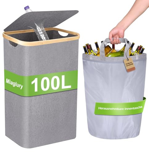 Miaglury 100L Pfandflaschen Sammelbehälter mit Deckel 2 XXL Tragetasche Pfandbehälter mit Loch Pfandflaschen Aufbewahrung Flaschensammler Leergut Sammelbehälter Pfandflaschen Behälter Für Küche, Grau