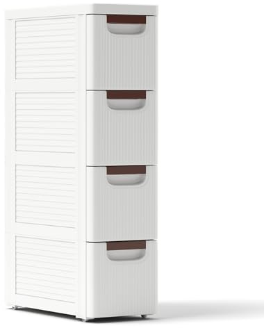 GIANTEX Nischenschrank Nischenregal 19 cm breit, Nischenwagen auf Rollen, Schmaler Rollschrank Rollwagen mit 4 Schubladen, Badschrank Badrollwagen kleiner Schubladenschrank Toilettenschrank für Bad