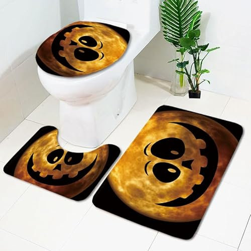 Bad Teppiche Set Gelber Mond Halloween Badezimmerteppich Waschbar WC Vorleger mit Ausschnitt und WC Deckelbezug 3 Teilig Badematte rutschfest Toilettensitzbezug Badgarnitur 50x80 cm