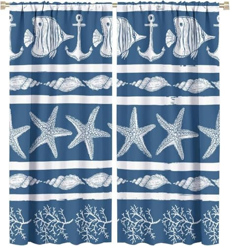 Vorhang Kinderzimmer Tiere Fische Kinder Vorhänge Mit Ösen Polyester Gardinen Thermovorhang Blickdicht Ösenschal Kindergardinen 300X280 cm (B + H) Für Wohnzimmer,2Er Set-104617747