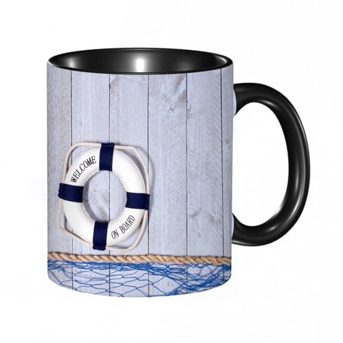 reyawdf Original Tasse mit lustigem Design,Rettungsring auf Holzbrett,330ml, für Kaffee- und Teeliebhaber, als Geschenk für Weihnachten, Geburtstag und mehr