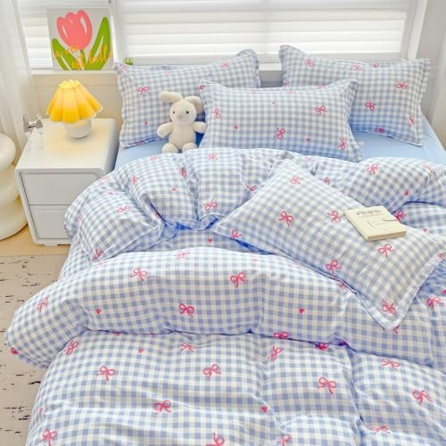 Nayoroom Bettwäsche 135x200 Blau Kariert Rosa Herzen Schleifen Bettbezug | Mädchen,Herzchen,ÖKO-TEX,Bettwäsche-Sets,Aesthetic,Mikrofaser,Einzelbett,Deckenbezug,Kissenbezug 80x80,Reißverschluss,2teilig