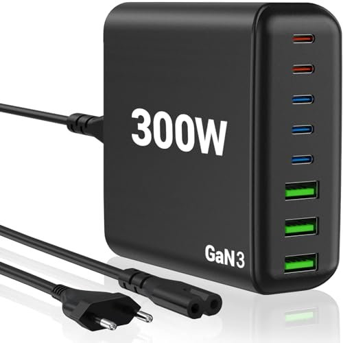 TKOQSMR 300W USB C Charger Block, GaN 3 USB C Charging 8-Port QC4.0 Fast Charging Station Charger Adapter Compatible with MacBookPro/Air, DELL, iPad, Portable Charging Station for iPhone