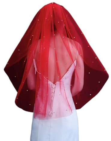 Brautschleier mit Perlenbesatz, 3D-Perlen, für Junggesellenabschied, Kopftuch für Braut, Brautparty, Hochzeit, Rot (Rot 70)