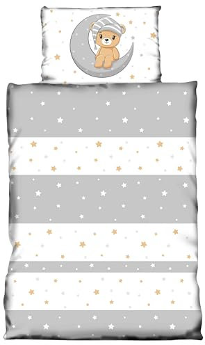 one-home Kinder Baby Bettwäsche 100x135 cm + 40x60 cm Teddy Bären Sterne Mond für Jungen und Mädchen weiche Mikrofaser Kinderbettwäsche Set, Farbe:grau