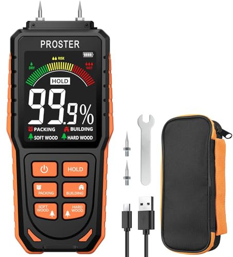 Proster Rechargeable Moisture Meter with Tri-Colour Display – Wall Damp Meter with Visual & Sound Alerts, Professional Damp Detector for Timber, Walls, Cement, and Building Materials