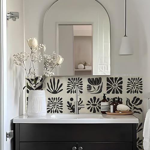 Alwayspon Self-Adhesive Vinyl Wall Tile Stickers, 25Pcs 20cm/8inch Peel and Stick on Tiles Transfer Vinyl Flooring Waterproof Splashback for Kitchen Bathroom, Black White Floral