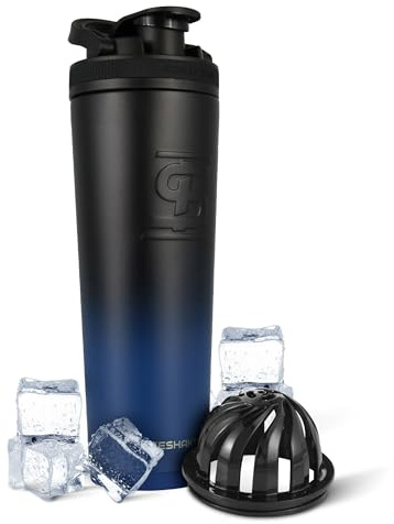 Ice Shaker Insulated Stainless Steel Shaker Bottle | 32oz, Navy/Black | Cold for 30+ Hours | Insulated Cup with Twist-on Agitator | Odor-Free Bottle for Protein Shakes, Water, Smoothies, Cocktails