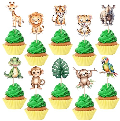 SYKYCTCY 40 Pack Baby Safari Jungle Animals Cupcake Toppers Zebra Hippo Giraffe Elephant Forest Theme Cupcake Picks for Forest Animals Theme Baby Shower Kids Birthday Party Cake Decorations Supplies