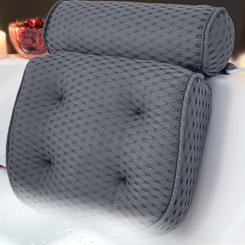 AEROiVi Coussins de bain de luxe pour baignoire, coussin de bain pour soutien de la tête et du cou, coussin de bain fabriqué à partir de matériau en maille d'espacement souple avec ventouses, gris