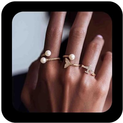 Enautoabs 3 Stück Boho Offener Verstellbarer Perlenring Gold Kristall Meerjungfrau Flugzeugring Plattiert Perlenmanschettenringe Set Schmuck Für Frauen