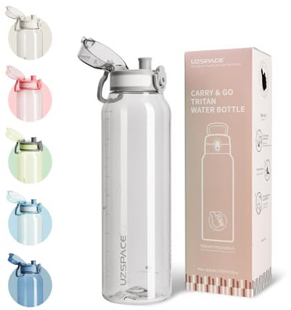 UZSPACE Water Bottle 1l with Handle - BPA Free Drinking Bottles for Adults - Clear Water Bottle with Capacity Scale - Leakproof Gym Bottles - Ideal for Sports or Fitness & Outdoors Flint Grey