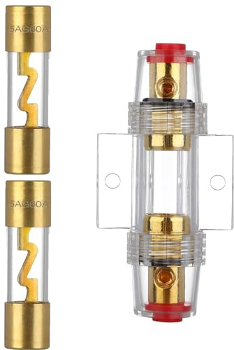 AGU Sicherungshalter 60A Vergoldet Inline mit 2 Stück AGU Sicherung | Glassicherung AGU-Sicherung Inline-Sicherungshalter Glasrohr für Automotive Audio Power Safety Protection