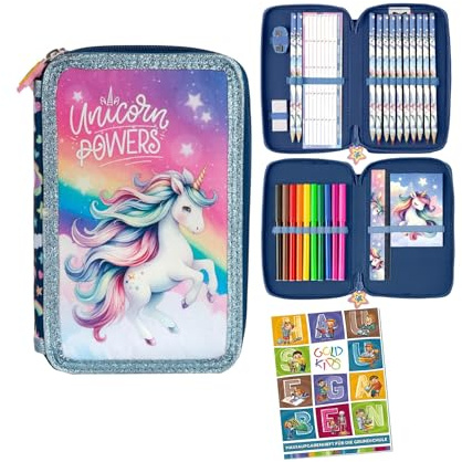 Goldkids - Federmäppchen 2 Fächer - Mäppchen für Mädchen und Jungen - Federmappe 2-Fach Federtasche Gefüllte Schüleretui Schulmäppchen und Hausaufgabenheft - Einhorn Motiv
