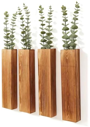 Juego de 4 macetas colgantes de madera, jarrones de pared retro, decoración de pared delgada, jarrones de pared rústicos de estilo rústico