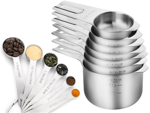 Juego de tazas y cucharas medidoras de acero inoxidable con conector de anillo. Aparatos de cocina.(Round 12 piece set)