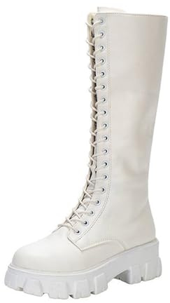 AEGJEGVD Bottes Hautes Femme mit Mollet Large Confortables Botte Western Longue Classiques Bottes Equitation de Hiver à Lacet Réglable Bottines Chaude et Durable Botte au-dessus du Genou Boots Cuir