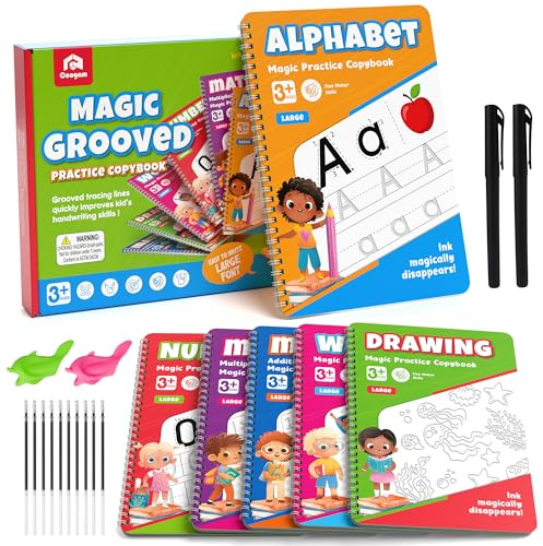 Coogam 6-Teiliges Magisches Rillen-Schreibübungs-Set für Kinder | Rillen-Schreibheft mit Stiften, Zahlen- und Buchstaben-Nachfahrheft für Kinder ab 3-8 Jahren, Vorschul-Lernaktivitäten