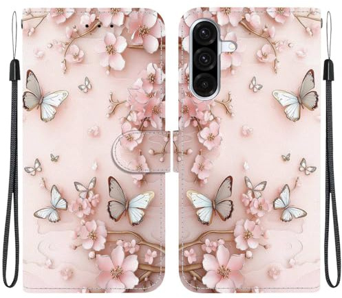 TVVTPU Lederhülle für Samsung Galaxy A56 5G / A36 5G Hülle, Flip Wallet Handyhülle Premium PU Leder Klappbar Klapphülle mit Magnet Kartenfach Standfunktion Schutzhülle Case, Rosa Schmetterling