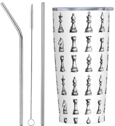Sketch - Vaso con estampado de ajedrez con tapa y popote, vasos aislados de acero inoxidable de 20 onzas, vaso de café personalizado, botella de agua