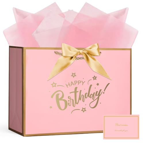 AOOSU Sacchetti Regalo Eleganti, 1pcs Sacchettini Borsa Regali Compleanno, Sacchetti Regalo in Carta con 3 Involucri e 1 Biglietti Perfetto per Compleanni e Anniversari (Compleanno)