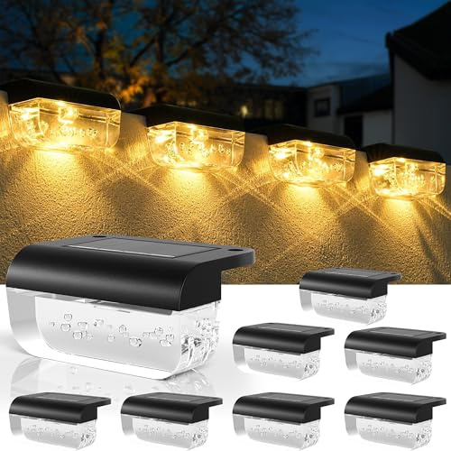 Lankey Sound Solar Fence Lights, 8 Pack Square Solar Step Lights, Warm White, Waterproof, Auto On/Off, 2 Installation Ways, Outdoor Wall Lights for Wall, Steps, Gutter, Patio & Pathway