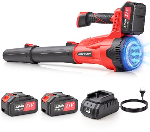 Soffiatore a Batteria Potente 21V,con 2×4.0Ah Batterie, 75m/s 13m³/min,Soffiatore Foglie Elettrico 6 Velocità,per Giardino, Cortile, Garage