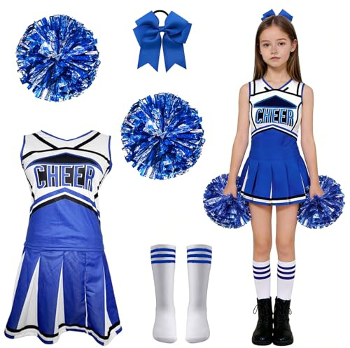 MINGJAY Cheerleader Kostüm,4 Stück Cheerleadering Outfit,Cheerleading Uniform,Cheer Kostüm Outfit,Cheer Outfits mit Pompoms Socken,Faschingskostüm,für Halloween-Verkleidung,High-School-Mottoparty
