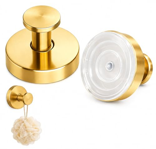 2Pcs Suction Cup Hooks Heavy Duty Stainless Steel Vacuum Holder for Bathroom Kitchen Towel Shower Curtain & Wreath Hanger No-Drilling Reusable Removable Hooks for Front Door Glass Tile (Golden)