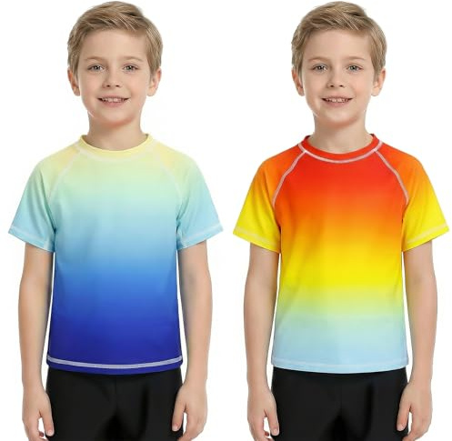 Baogaier Maglietta Nuoto per Ragazzi, Protezione Solare Top da Spiaggia, 2 Pezzi, Manica Corta Asciugatura Rapida Rashguard T-Shirt per Surf Beach Pool 3-4 Anni, Blu Sfumato
