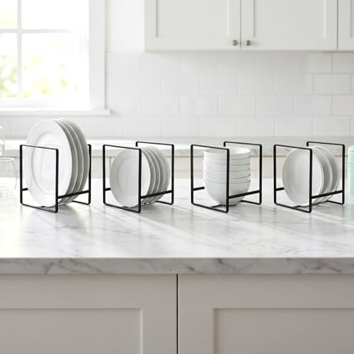 M.J COMFY-LIFE 4 Pack Metal Plate Rack Organizer,Dish Storage Holder & Drying Stand for Kitchen Cabinet, Cupboard & Countertop, Rust-Proof Vertical Space Saver for Plates, Bowls, Pot Lids