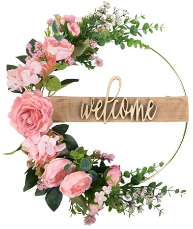 LEIMEND Türkranz Ganzjährig Künstliche Rose Blumenkranz Deko 30cm | Blumenkranz Deko Türkranz Willkommen für Zuhause Parties Türen Hochzeiten Landhausstil Geschenk