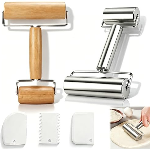 5 Rodillo Cocina de Doble Extremo de Rodillo Acero Inoxidable Un Práctico Utensilio de Cocina para Extender Masa Teigroller Albóndigas Bases de Pizza y Mucho Más 3 Rascadores para Cortar la Masa