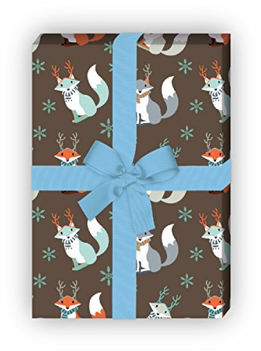 Kartenkaufrausch Winter Weihnachtspapier Set, Dekor Geschenkpapier mit Weihnachts Fuchs Musterpapier, Designpapier zum Einpacken, basteln, 4 Bögen, 32 x 48cm, auf braun