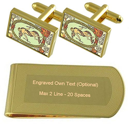 Select Gifts Tarot World Card Gold-Manschettenknöpfe Geldscheinklammer Gravur Geschenkset