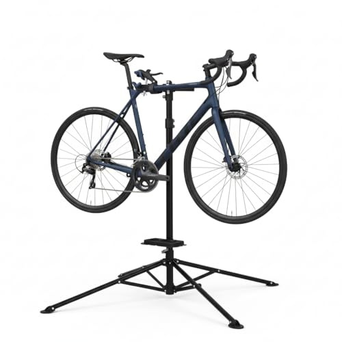 Melko Fahrradständer Montageständer Reparatur höhenverstellbar bis 30 kg | 102-188 cm einstellbar, 360° drehbare lackschonende Klemme, 4 Klappbeine, Ablageschale, für Rahmen 25-40 mm, E-Bike geeignet