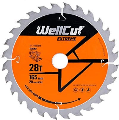 WellCut TCT Sägeblatt Extreme, Durchmesser 165 mm, 28 Zähne, 20 mm Bohrung, 2,2 mm Blattstärke, korrosionsgeschützt (????????WC-P1652028)