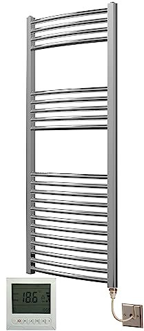 Greened House Electric Chrome 500 Wide x 1200 High Curved Heated Towel Rail + Timer and Room Thermostat