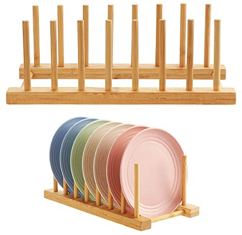 HonGien 2 Pezzi Scolapiatti in Legno di Bambù, Supporto per Piatti, Scolapiatti in Bambù, Supporto per Piatti Legno, per Ciotole, Stoviglie, Tazze, Taglieri, CD, Libri