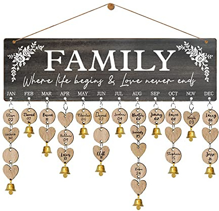 Buecasa Wooden Family Birthday Reminder Calendar Board Wall Hanging - Decorative Birthday Tracker Plaque with 100 Tags - Family Where Life Begins and Love Never Ends