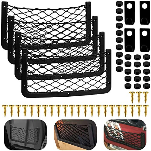 Rete Bagagliaio Auto Porta Oggetti per Automobile 4 Pezzi Borsa Portaoggetti Universale a Rete Elastica con Viti e Gancio per Auto SUV Truck Barca Camper Accessori Nero (36 x 18 cm)