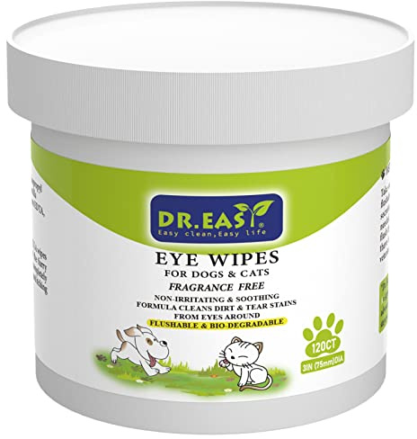 DR.EASY Pet Eye Wipes 120 Ct for Dog Cat Horse & Rabbit Grooming,Tear stain remover,Puppy Kitty eye wash,Remove dirt crust dried mucus discharge secretions, Unscented soft & gentle,Plant Based Formula