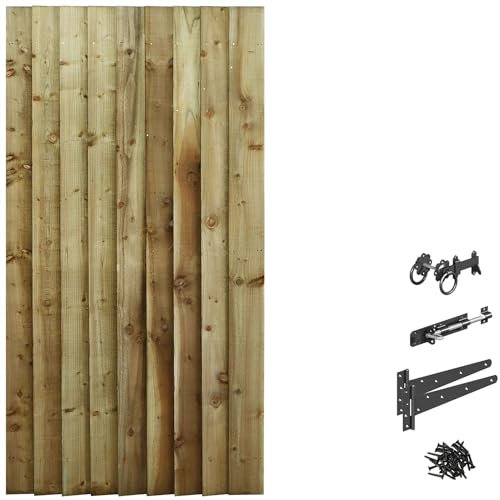 Made to Measure 6ft Wooden Garden Gate, Ring Latch Fixing Kit, Custom Feather Edge Semi-Braced Flat Top Treated Timber Door for Outdoor Pathway Home Access, MAX 180cm High x MAX 90cm Wide