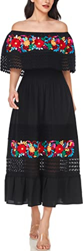 YZXDORWJ Women Embroidered Mexican Present Casual Sexy Lace Off-Shoulder Long Dress (XL, 348BK)