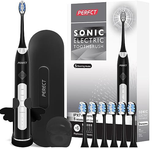 PERECT Electric Toothbrush for Adults, Rechargeable Sonic Electric Toothbrush with 6 Replacement Brush Heads, 1 Charge for 30 Days, 5 Modes 3 Intensities, Smart Timer, Black