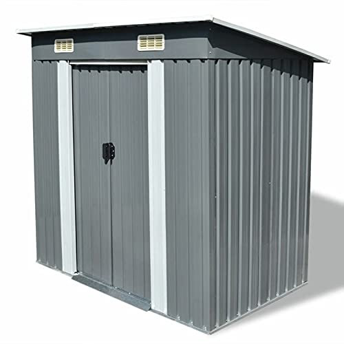 Homgoday Gartenschuppen mit Tür Gerätehaus Geräteschuppen mit Schiebetür Gartenhaus Garten Schuppen Gerätehaus mit Pultdach Geräteschrank für Garten Grau Metall