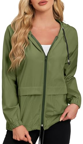 Durio Chubasquero ligero para mujer, impermeable, transpirable, plegable, cortavientos, chaqueta deportiva con capucha, chaqueta de senderismo, chaqueta de ciclismo, Verde militar, XXL