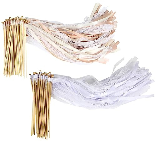 100 Stück Wedding Wands Spitze Stäbe mit Hochzeitsbändern Seidenfeenstab, Gastgeschenke für Partys, Babypartys, Urlaub, Feiern (100 Stück in 2 Farben)