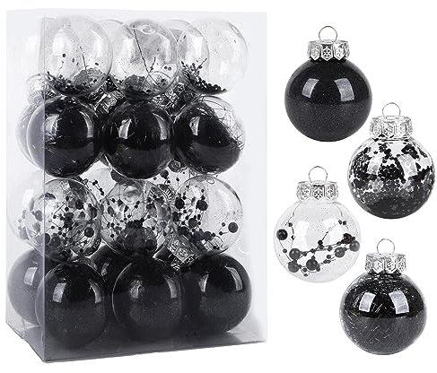 24 Piezas Juego de Adornos para el árbol de Navidad en Blanco y Negro Bola de Navidad inastillable Adorno de Navidad Colgante Delicados Adornos navideños para DIY Halloween Fiesta (Negro)