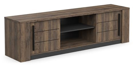 Meuble TV Bois Tendance 3 Etagères 2 Portes Coulissantes – Style Industriel – Coloris Bois Brûlé & Noir Charbon - 180 x 52 x 42 cm